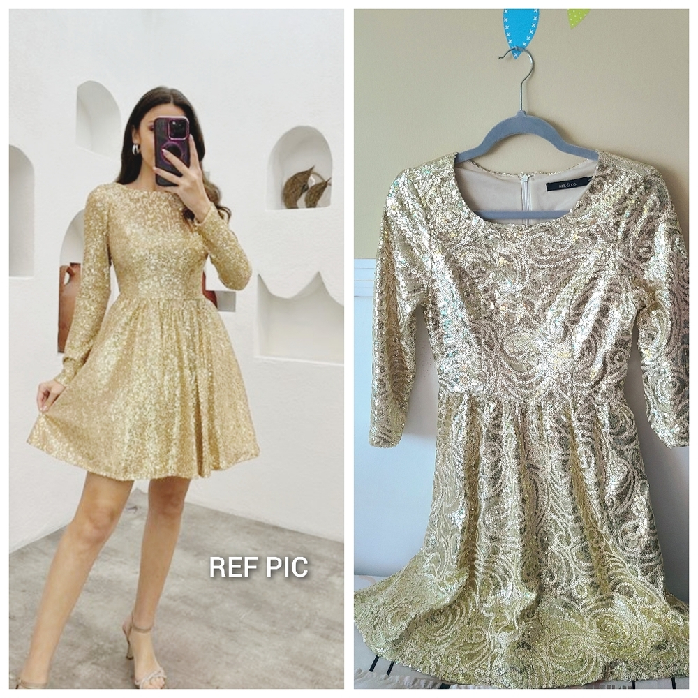 ARK & CO. Gold sequins homecoming prom A line short dress with sleeves  Size S